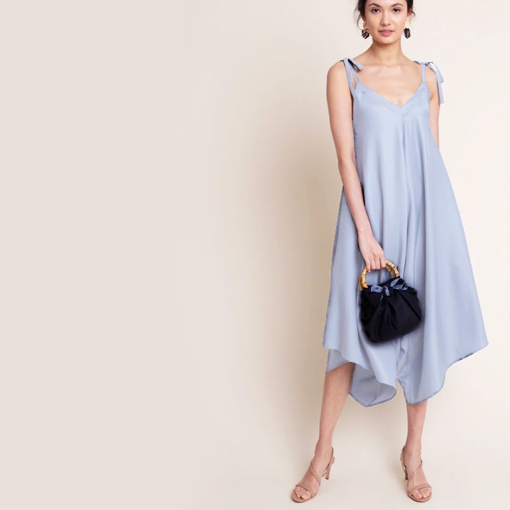 Coastal Blue Easy-flowing Silk Blend Cropped Wide Leg Jumpsuit